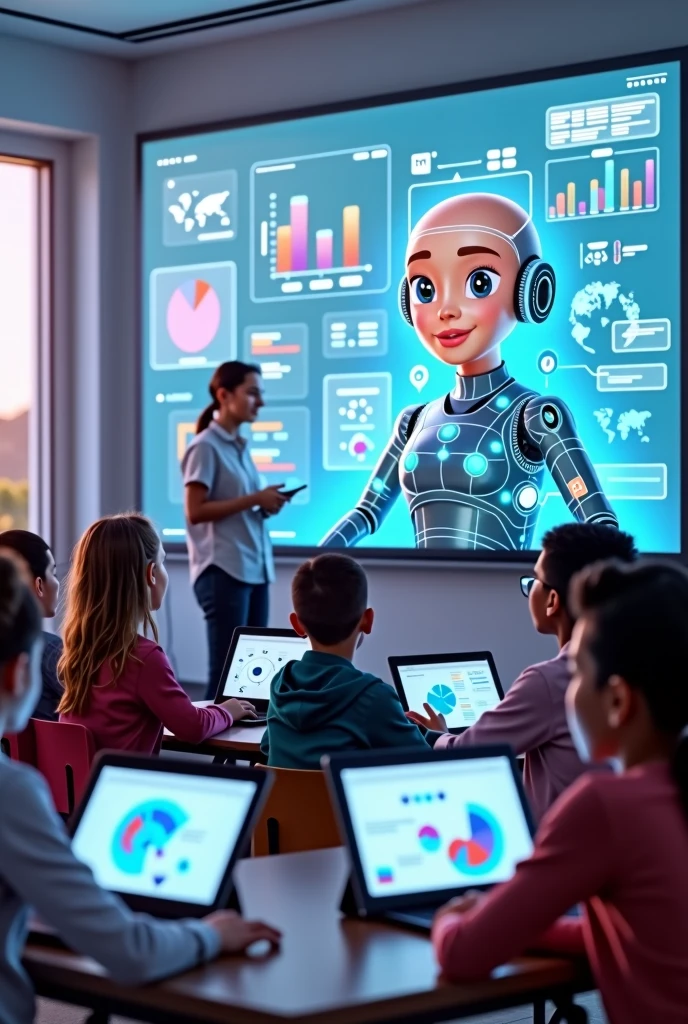 Create an image that represents artificial intelligence applied to teaching, learning and education