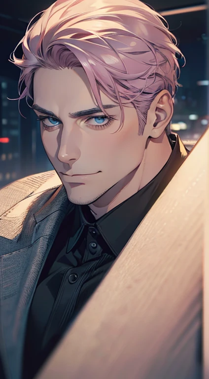 (best quality,4k,8k,highres,masterpiece:1.2),ultra-detailed,(realistic,photorealistic,photo-realistic:1.37),1 man,31 years old,mature man,very handsome,without expression,smile,short grey pink hair,blue eyes,penetrating gaze,perfect face without errors,imposing posture,businessman,office background,cinematic lighting,hdr image