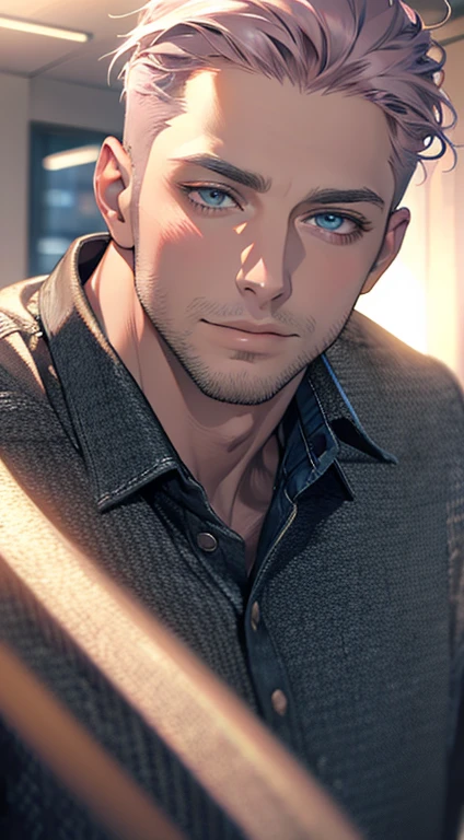 (best quality,4k,8k,highres,masterpiece:1.2),ultra-detailed,(realistic,photorealistic,photo-realistic:1.37),1 man,31 years old,mature man,very handsome,without expression,smile,short grey pink hair,blue eyes,penetrating gaze,perfect face without errors,imposing posture,businessman,office background,cinematic lighting,hdr image