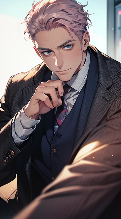 (best quality,4k,8k,highres,masterpiece:1.2),ultra-detailed,(realistic,photorealistic,photo-realistic:1.37),1 man,31 years old,mature man,very handsome,without expression,smile,short grey pink hair,blue eyes,penetrating gaze,perfect face without errors,imposing posture,businessman,office background,cinematic lighting,hdr image
