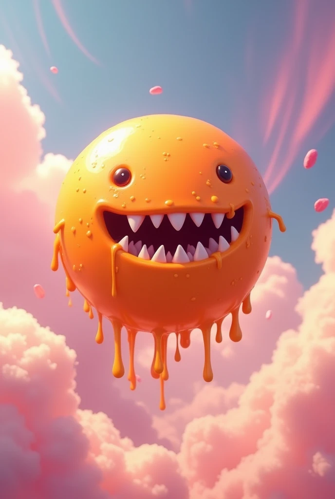 Round orange slime looking creature with teeth without eyes and dripping with paint no eyes floating in the sky