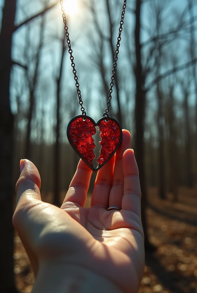 hand holding a necklace that has a heart split in half and the necklace has some blood on it and the background is a forest with some leafless trees, sunny