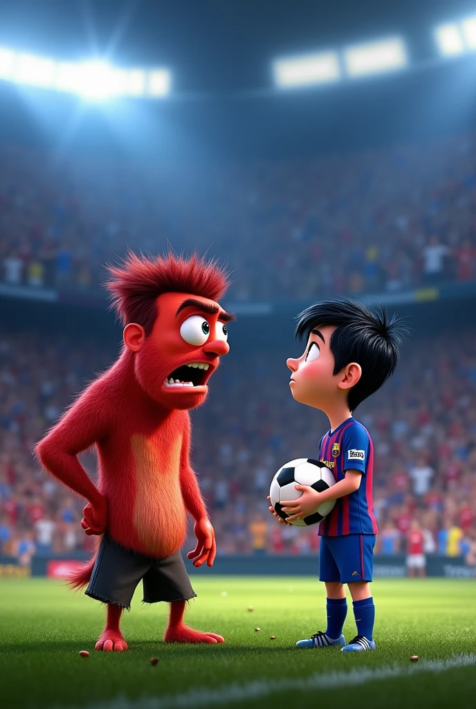 Create an image of Anger from Inside Out scolding Messi in an animated style with a touch of realism. 