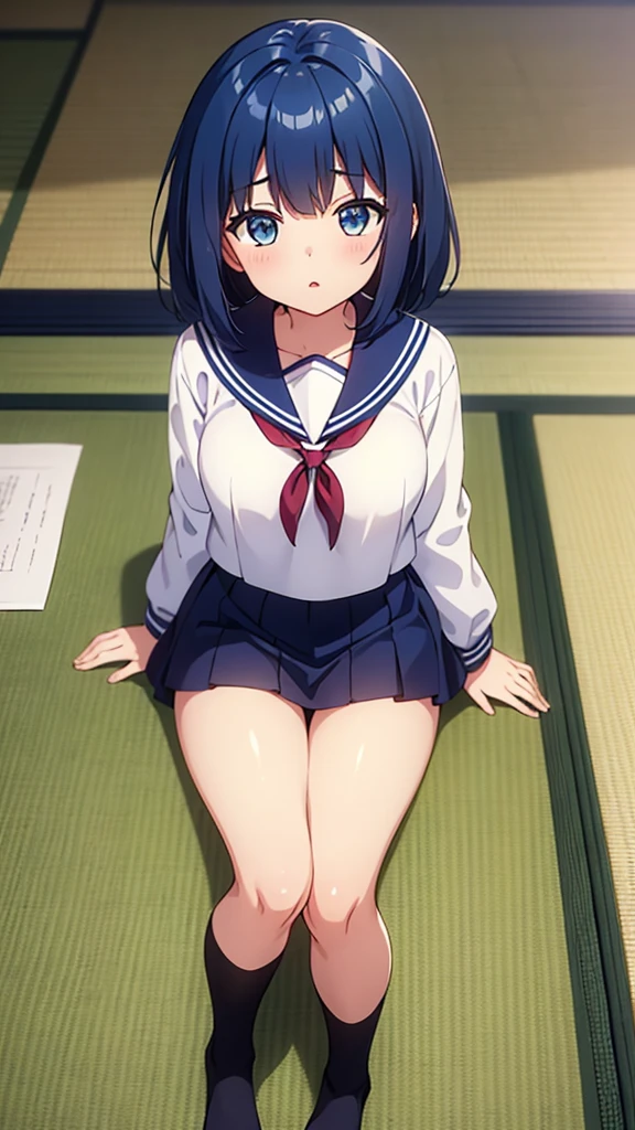 ((masterpiece, Highest quality, Very detailed, Very nice 8K CG wallpaper)), , A little thick, Medium Hair, Blue Hair, short hair, blue eyes,judo player、Sailor Style uniformS、Large bust、Sailor Suit、mini skirt、judo、Cute expression、InSide the judo GymnaSium、、On the tatami、discovery、One person&#39;S、Sleeping together、rest、Haruka Kiritani、BuSt Size C Cup、幼い頃judo家に育てられた、The strongest woman to win a tournament、Ninth Dan、The strongest woman who defeated the bully、love affair、Date、Confessed