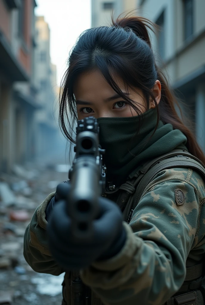 Create an image of a South Korean female sniper wearing a cloth mask headshotting an enemy