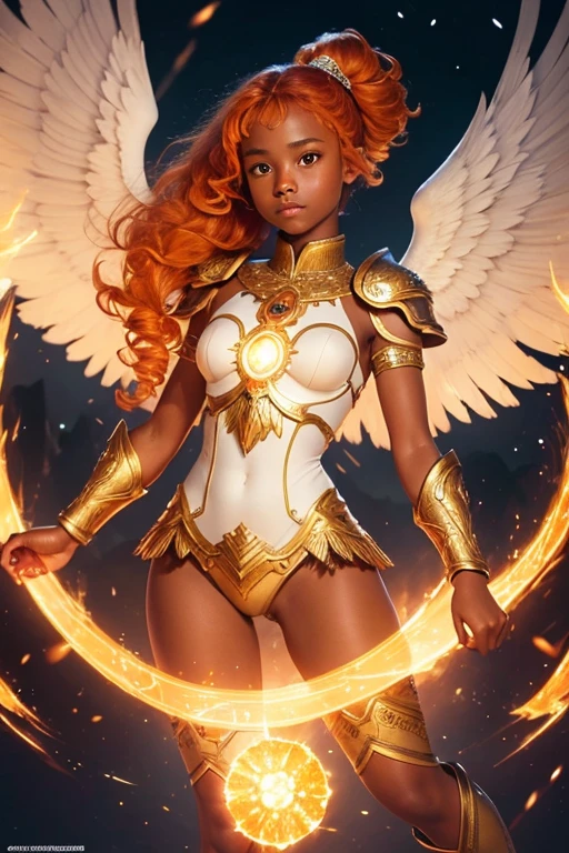 A young 15- yr old native European girl with lovely charminvg face,(dark skin texture masterpiece), (perfect full body detailed anatomy), (Super accessories detailed), (meditating ), (perfect detailed glowing bright eyes),(short ponytail illuminating orange crystalized hair),Wearing transparent costume of an angel,holding a treasure septer & shield, illuminating different lights covers the sorrounding atmosphere Has beautiful large white wings, The character solemnly praying