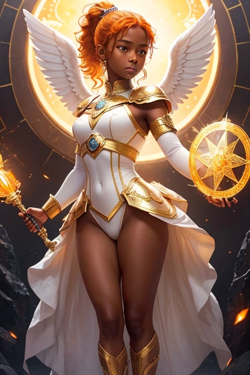 A young 15- yr old native European girl with lovely charminvg face,(dark skin texture masterpiece), (perfect full body detailed anatomy), (Super accessories detailed), (meditating ), (perfect detailed glowing bright eyes),(short ponytail illuminating orange crystalized hair),Wearing transparent costume of an angel,holding a treasure septer & shield, illuminating different lights covers the sorrounding atmosphere Has beautiful large white wings, The character solemnly praying