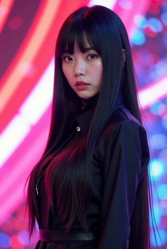 A Kpop idol with long black hair, She has bangs, your face is serious, Your eyes are slanted like a fox's and she looks a bit like Seulgi from Red Velvet