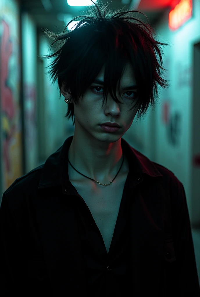 Emo boy,skinny,pale skin,hair over one eyes,handsome,spiky hair,side bang