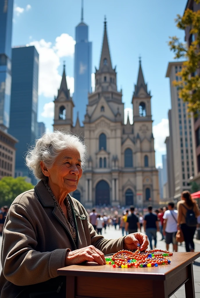 Create an image of a city with many tall buildings, and a church in the middle resembling the Metropolitan Cathedral of Guayaquil´´ and at the entrance an elderly lady selling rosaries