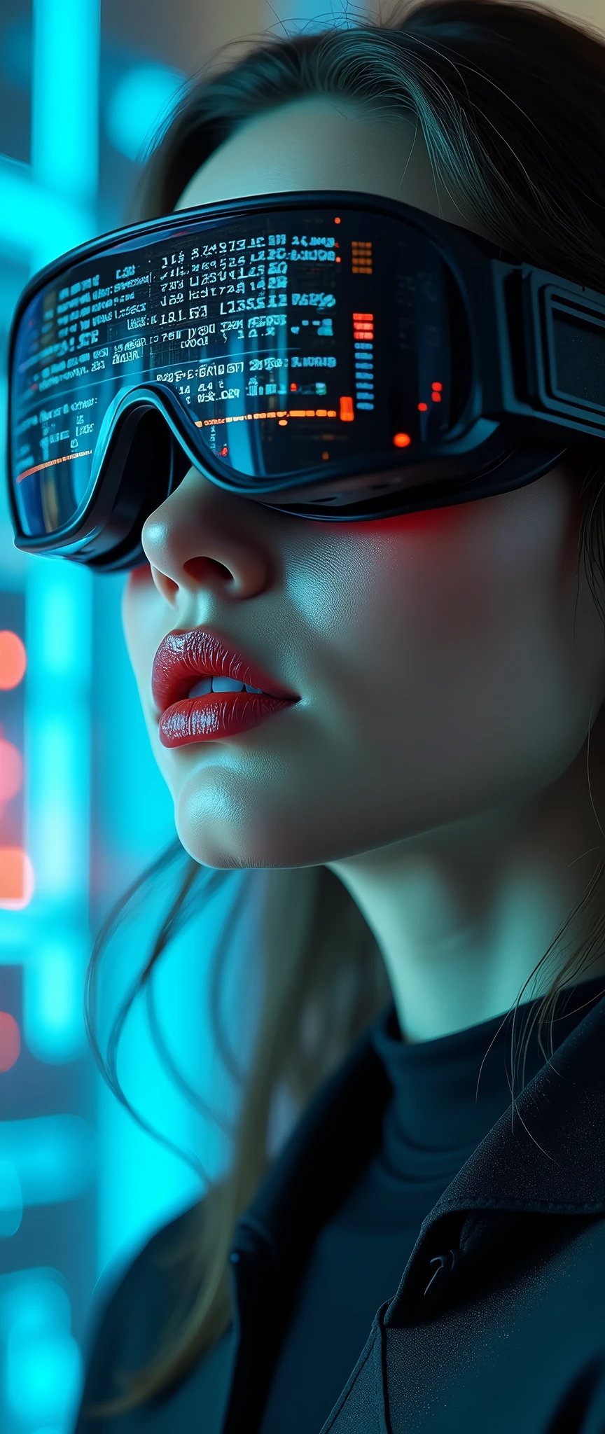 (masterpiece:1.2,Distinguished Quality,Mirror-like,Cinematic Experienc),8k,wallpaper,Ray Tracing,(woman),Are standing,(美しいwoman,sexy),(Wearing futuristic cyber goggles:2.0,Data displayed on goggles:2.0,Detailed drawing of goggles:2.0),(A face with attention to detail,Detailed skin texture,Beautiful Skin),(Looking into the camera),(front),(Face close-up:2.0),(Server puncture:2.0),(The background is a wall of data:2.0),(Glossy lips:1.5)