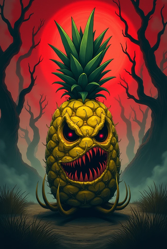 Create a scary pineapple illustration, Make it even more terrifying, Give it claws and teeth, that it is an illustration, not a photograph, that it looks like a painting