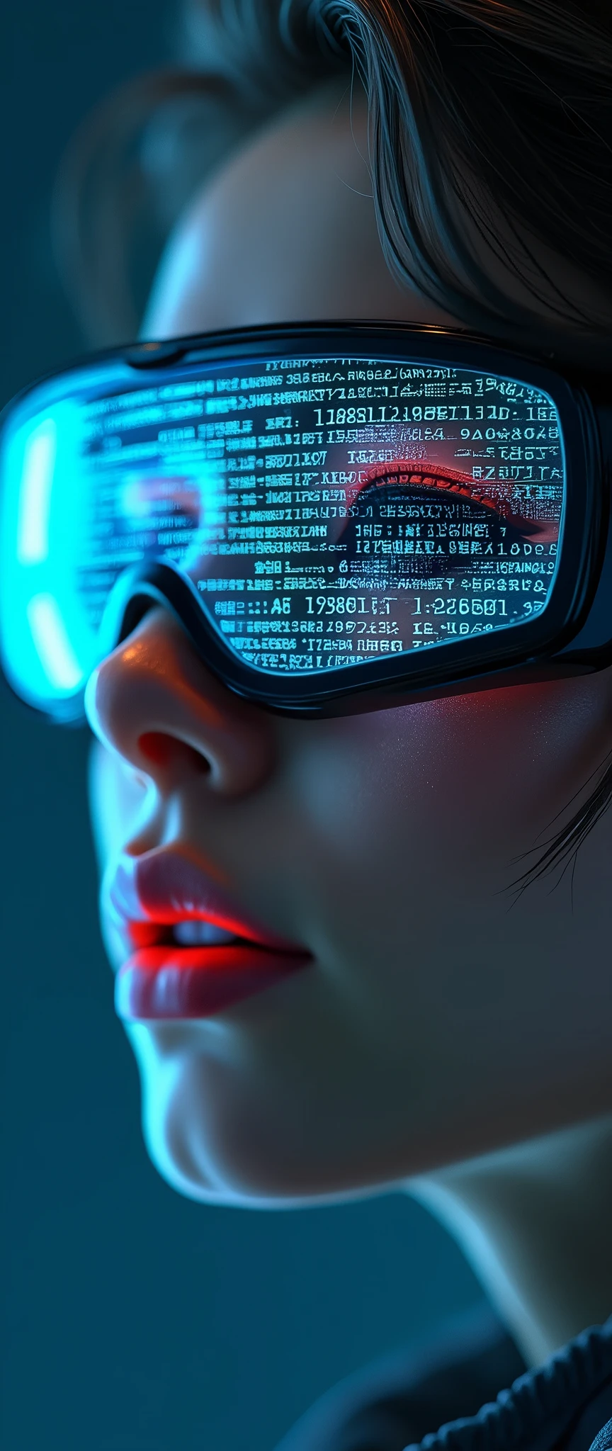 (masterpiece:1.2,Distinguished Quality,Mirror-like,Cinematic Experienc),8k,wallpaper,Ray Tracing,(woman),Are standing,(美しいwoman,sexy),(Wearing futuristic cyber goggles:2.0,Data displayed on goggles:2.0,Detailed drawing of goggles:2.0),(A face with attention to detail,Detailed skin texture,Beautiful Skin),(Looking into the camera),(front),(Face close-up:2.0),(Server puncture:2.0),(The background is a wall of data:2.0),(Glossy lips:1.5)