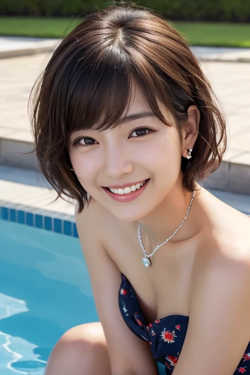 (highest quality:1.5), (((master peace))), ((photo realistic:1.55)), (detailed), Japanese, (young girl), ((broad jawline)), realistic skin,puffy face, Very dark brown hair, (short bob cut), (messy hair:1.5), earrings, necklace,(((no makeup))), Camisole dress, half smile, Skinny body,14 Talents, (laugh out loud:1.45), Fantasy, (pool side), Sunset, wide view, from above