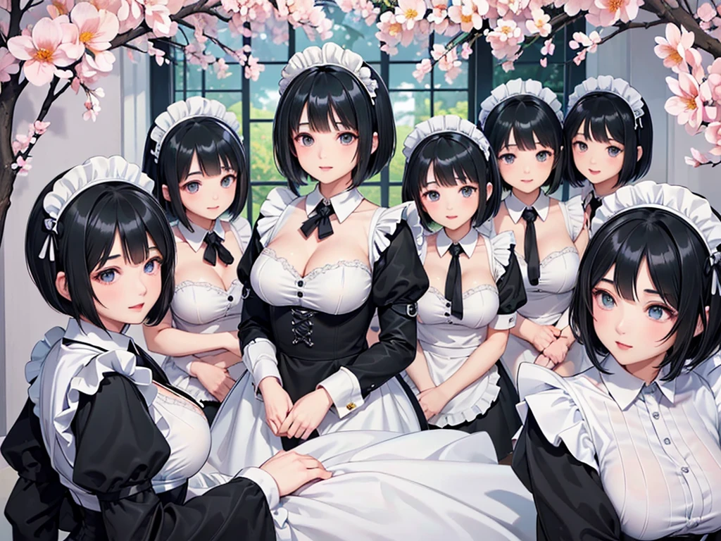 (((clone girls art))), (((Ultra HD, Highest quality, Ultra-high resolution))), (((((Maid clothes:1.7))))), Women, Small face, (((((Thick black hair, short hair:1.9))))), (Cute expression, A gentle gaze), ((smile:1.5)), (Big Breasts, Cleavage:1.5), ((Very detailed, 1girl, cloning:1.6)), (((6+girls:1.8))), (((Very detailed, Perfect same person, 100 people:1.8))), (((Western-style garden, A beautiful sight of blooming flowers))), top view, Perspective