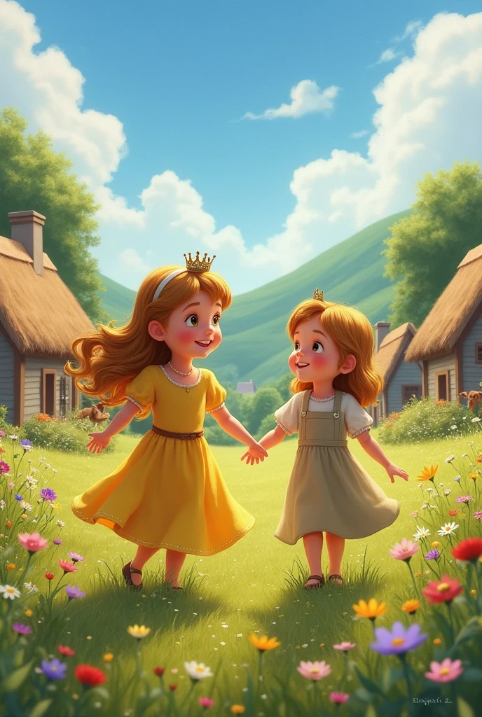 A little princess in a small village, happy with her peasant friend