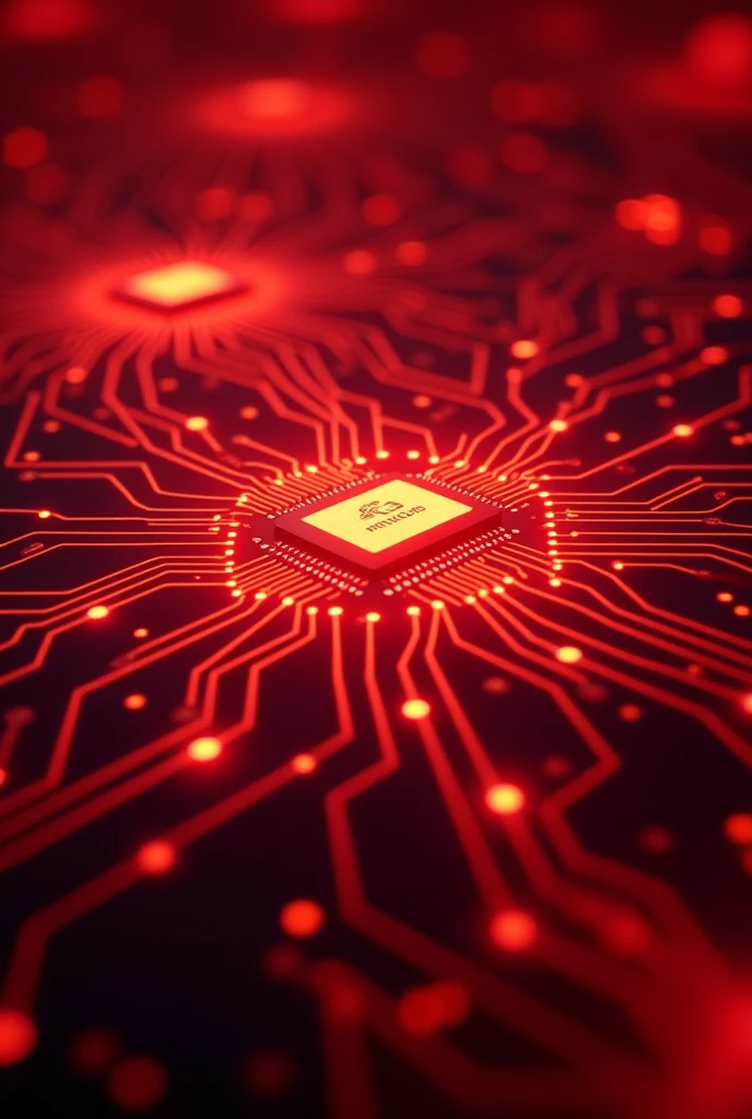 red background with technology and circuits related to electronic engineering in 8k