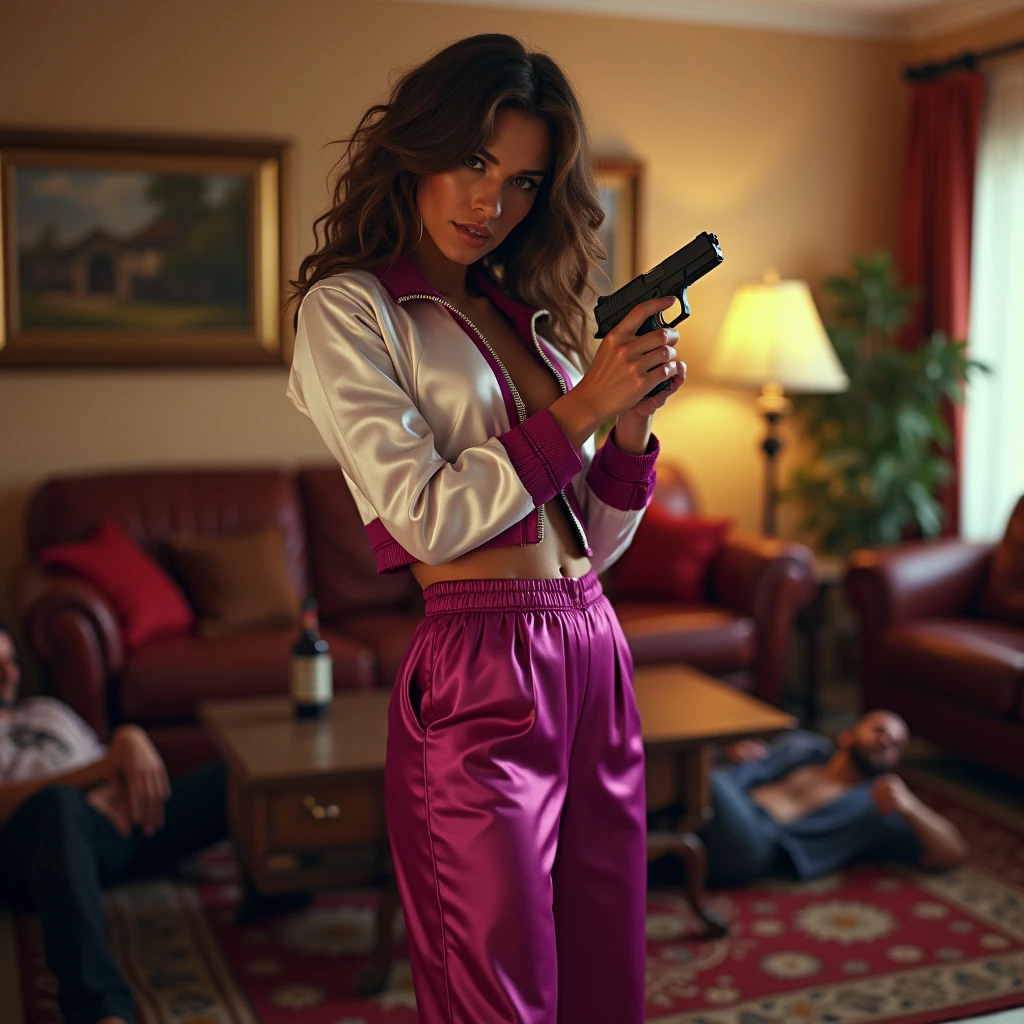 wide depth of field, wide depth of focus, f/11 lens setting, all objects in focus, living room background, full body image, magenta and white short cropped soft satin bomber jacket, woman posing with a pistol ,,almost perfect, pure form, intricate details, 8K post-production, high resolution, super detailed, Popular topics on Artstation,, Studio photos, intricate details, Very detailed, several unconscious men lay on the floor in the background