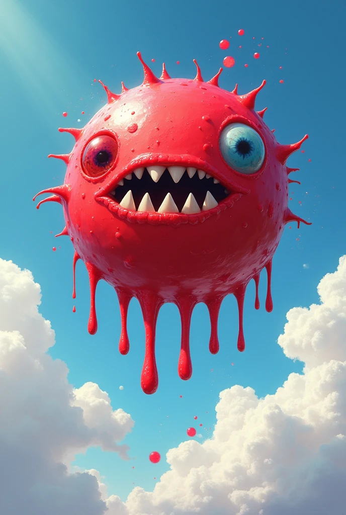 Round red slime looking creature with teeth without eyes and dripping with paint no eyes floating in the sky