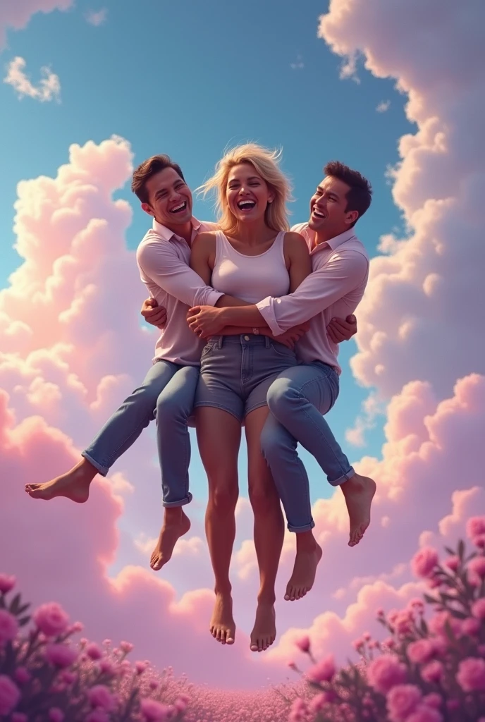 a woman carrying two identical men