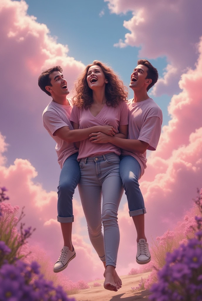 a woman carrying two identical men