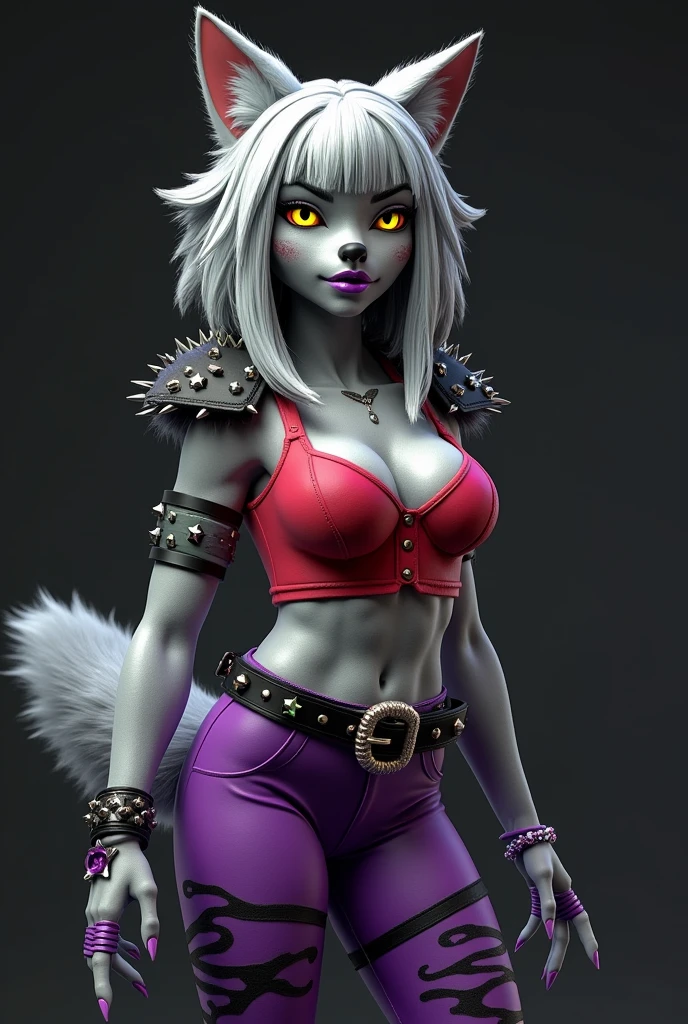  Roxanne is an animatronic wolf with a punk rock aesthetic. She appears as a gray-furred wolf with glowing yellow eyes.. She has black makeup stains on her cheeks and is wearing purple lipstick.. The claws on their feet are painted purple, and the claws on her hands are green. Her hair is long and silver, with a bright green stripe, there is a panel-like seam under the chest, arms, and upper thighs. She also has light gray markings on the inside of her ears., Paw Pads, around the snout, and in her belly. Her clothes consist of a red top, hot pants, and shoulder pads adorned with black star-shaped patterns. Additional accessories include black and purple earrings., two spiked bracelets, a belt with spikes, and purple leggings with black tiger stripes, anthropo lobo, female, grown-up, gray fur, puffy body, sexly, muscled body, hairy body, comely, hairy chest hair, realisitic, whole body, photorealisitic, ultra realisitic, 8k, natta, wearing no shirt, 