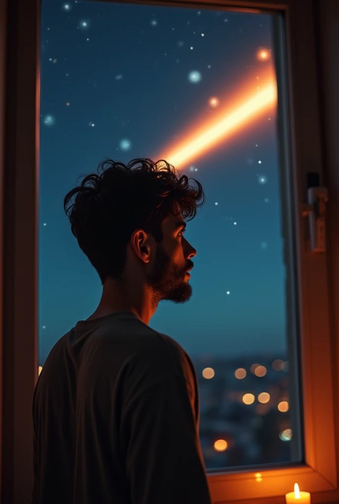 A young brunette with hair reaching his ears and a short beard, observes through his apartment window an asteroid falling from the sky, It&#39;s night