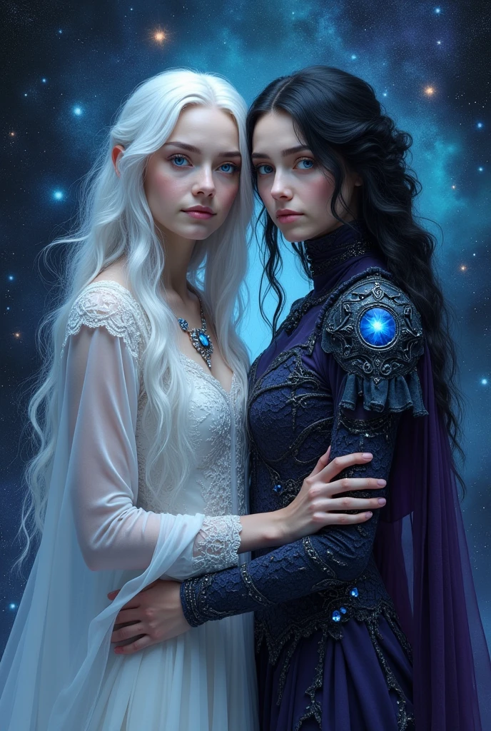 A book cover with a dramatic background in shades of black, blue and purple with various galaxies diffused in a nebula giving an air of mystery. In the front of the background is a white woman, incredibly pale, with white hair and blue eyes. She is wearing a delicate white dress with blue diamonds. She is facing forward, resting her hands on her daughter's shoulders, also a woman, pale with blue eyes, but with black hair and wearing a celestial black-purple armor that looks forward with a somber and determined gaze..