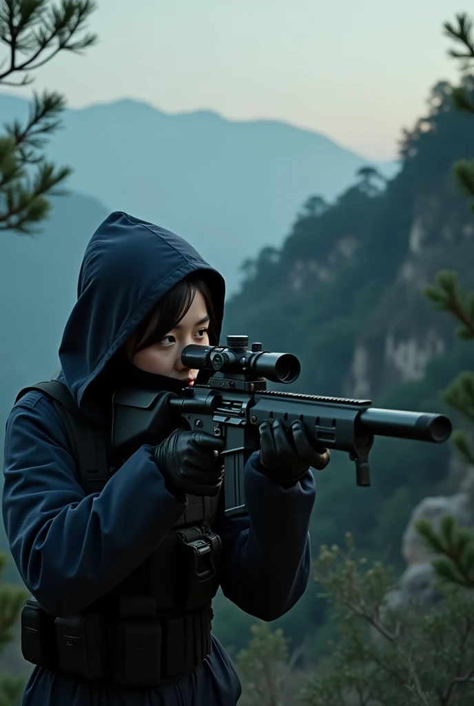 Create an image of a Korean female sniper wearing a cloth face mask.
