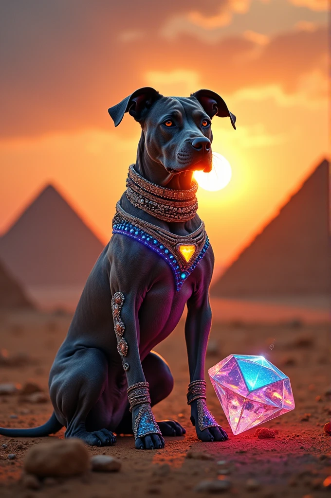 A pitbull from space that came to Egypt to be very technological with lots of jewels and a robot diamond