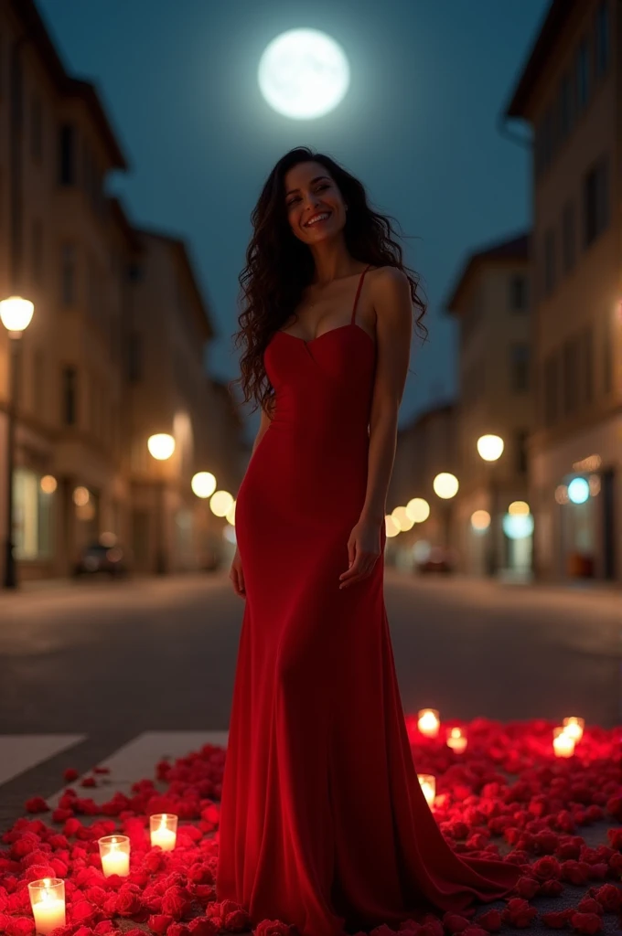  A sensual Italian woman with brown hair, resembling Catherine Zeta-Jones, tall, 50 years old, piercing look, corpanzil, big bust, large gluteus, full red lips, giggling, redgown, long, voluminous ebony hair, curly hair up to the waist, expressive honey-colored eyes, standing at an empty urban intersection with lit red candles and roses on the ground, A night with a full moon    