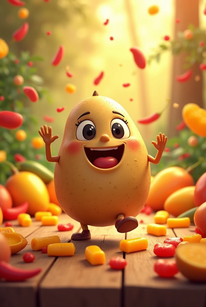 A cute kawaii animated brown potatoe, acting very crazy and dummy, dancing crazily on a table, surrounded by many mangoes, a lot of colorful gummies, and red chillies