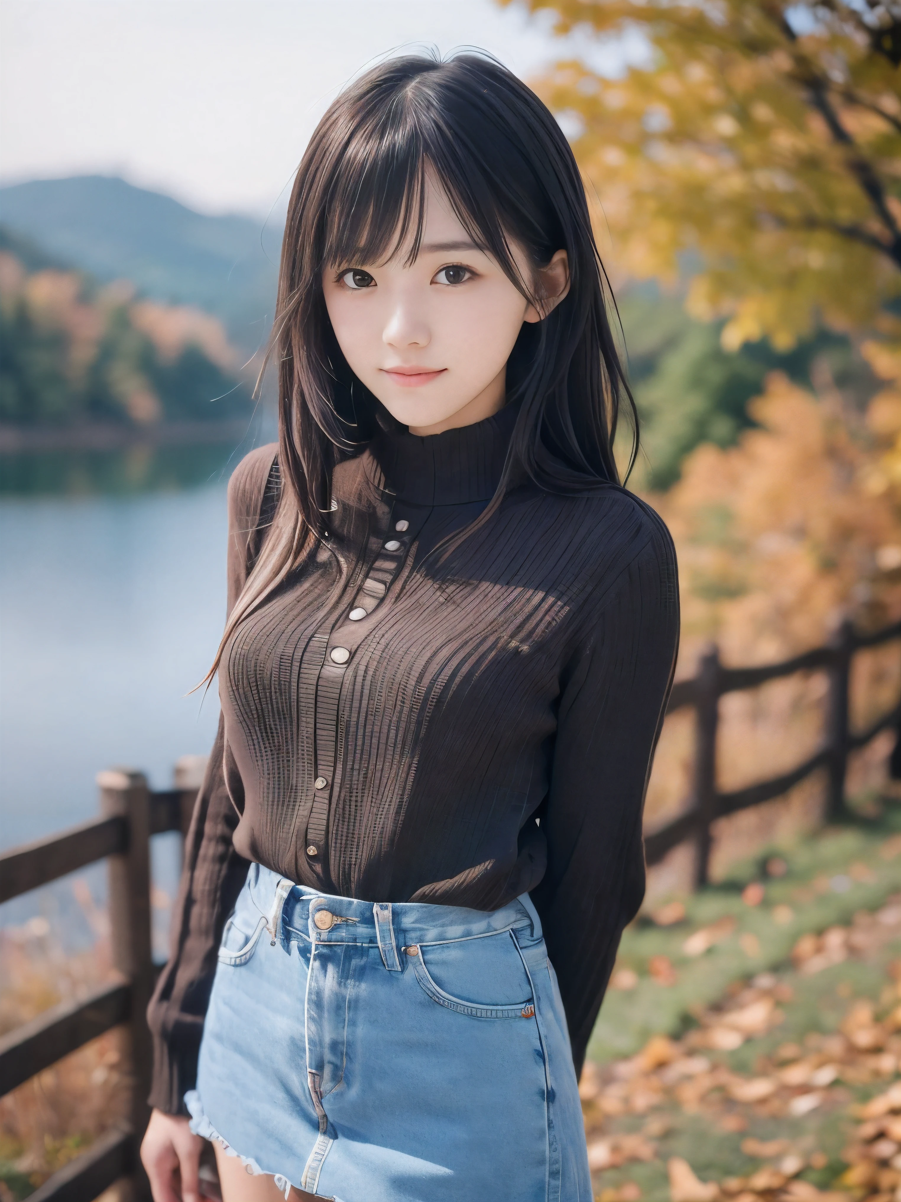 (Close up face shot of one slender small breasts two side up black medium hair bangs girl in autumn colorful long sleeves shirt and sweater1.5)、(One girl is standing on the dart road near the lake with cute smile and fogy condition:1.5)、(Beautiful red leaves and autumn mountain view:1.5)、(8k ultra detailed master piece:1.5)、(perfect anatomy:1.5)、(Photorealistic stick:1.5)、(Raw photo:1.3)、(highest quality:1.5)、(High resolution:1.3)、(Delicate and beautiful perfect face:1.3)、(Delicate and beautiful eye air skin:1.3)、(Real Human Skin:1.3)、((thin legs))