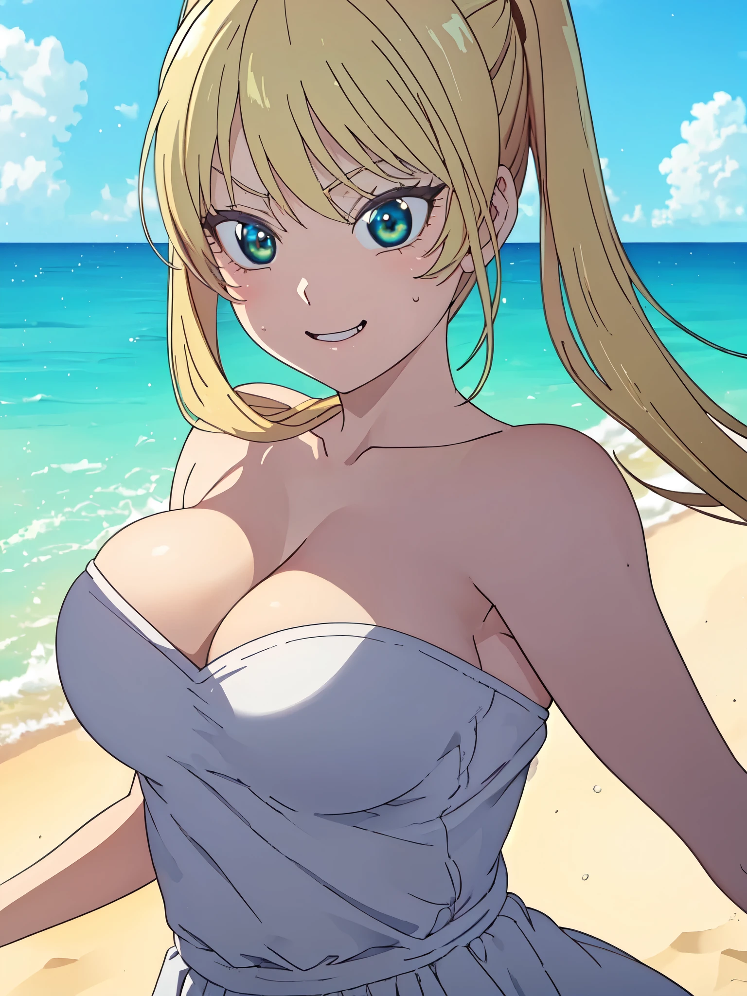 ((((masterpiece、Highest quality、High resolution)、anime)))、Blonde Hair、Big breasted beautiful、(Dynamic pose)、looking at the camera、(Beautiful detailed face、Beautiful big eyes)、((One beautiful person))、Good sensitivity、((Sexy pose))、((Embarrassed face))、Red cheeks、Wear a white dress、A refreshing smile、Walking on the sandy beach of a calm early morning coast.、To show one's canine teeth