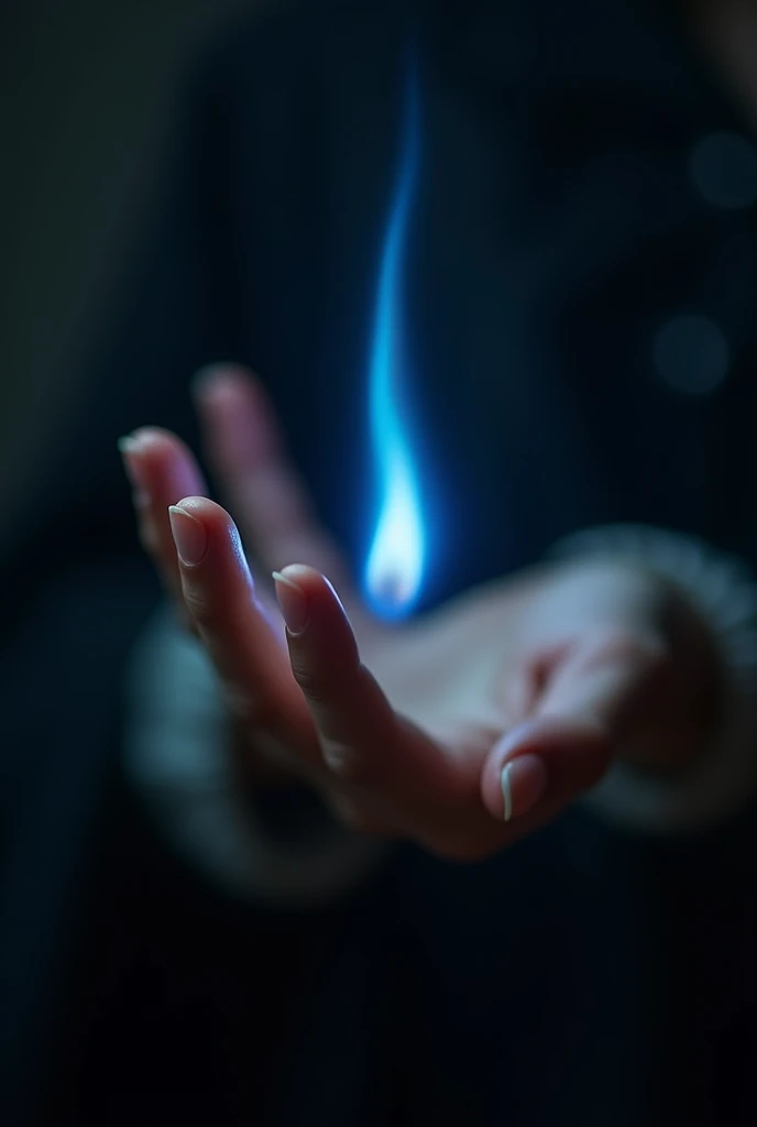 Highest quality、masterpiece、wallpaper、Ultra-high resolution、Very dense、Very detailed、Very delicate、BREAK、Close-up of Hands、(((５Finger:1.5)))、A flame floats from the palm、A faint blue flame、The slender hand of a magician、Alluring fingertips、Beautiful female fingers、
