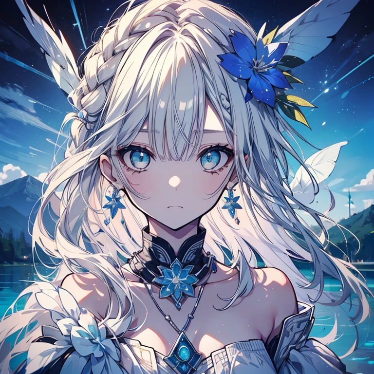 1 person、Mature、Ample breasts、Long Hair、Braid、Silver blonde hair、Jade green eyes、White Dress、Tribal pattern、accessories、Shoulder Bare、Earrings、necklace、night、Fantasy、By the sparkling blue lake、pray、Sad face、In the lake、Blue flower flower garden、