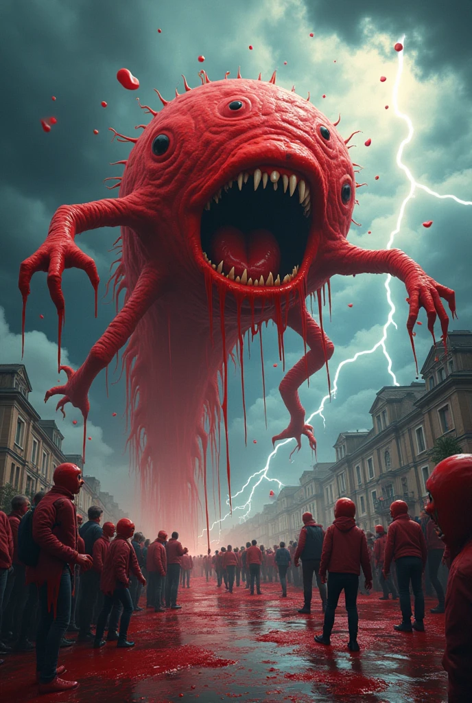 Lots of red slime looking creature with teeth without eyes and dripping with paint floating in the sky invading Earth from the sky and attacking humans