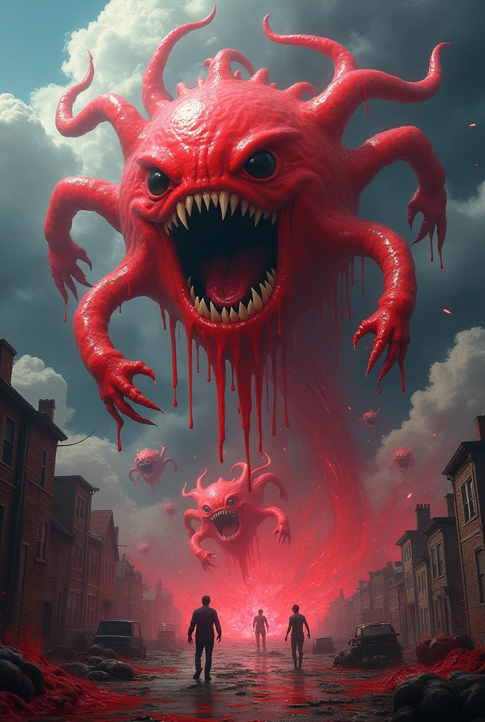 Lots of red slime looking creature with teeth without eyes and dripping with paint floating in the sky invading Earth from the sky and attacking humans