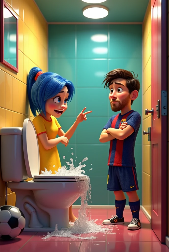 Create a realistic image of Joy from Inside Out scolding Messi intensely. They are both in a bathroom and there is a broken toilet.