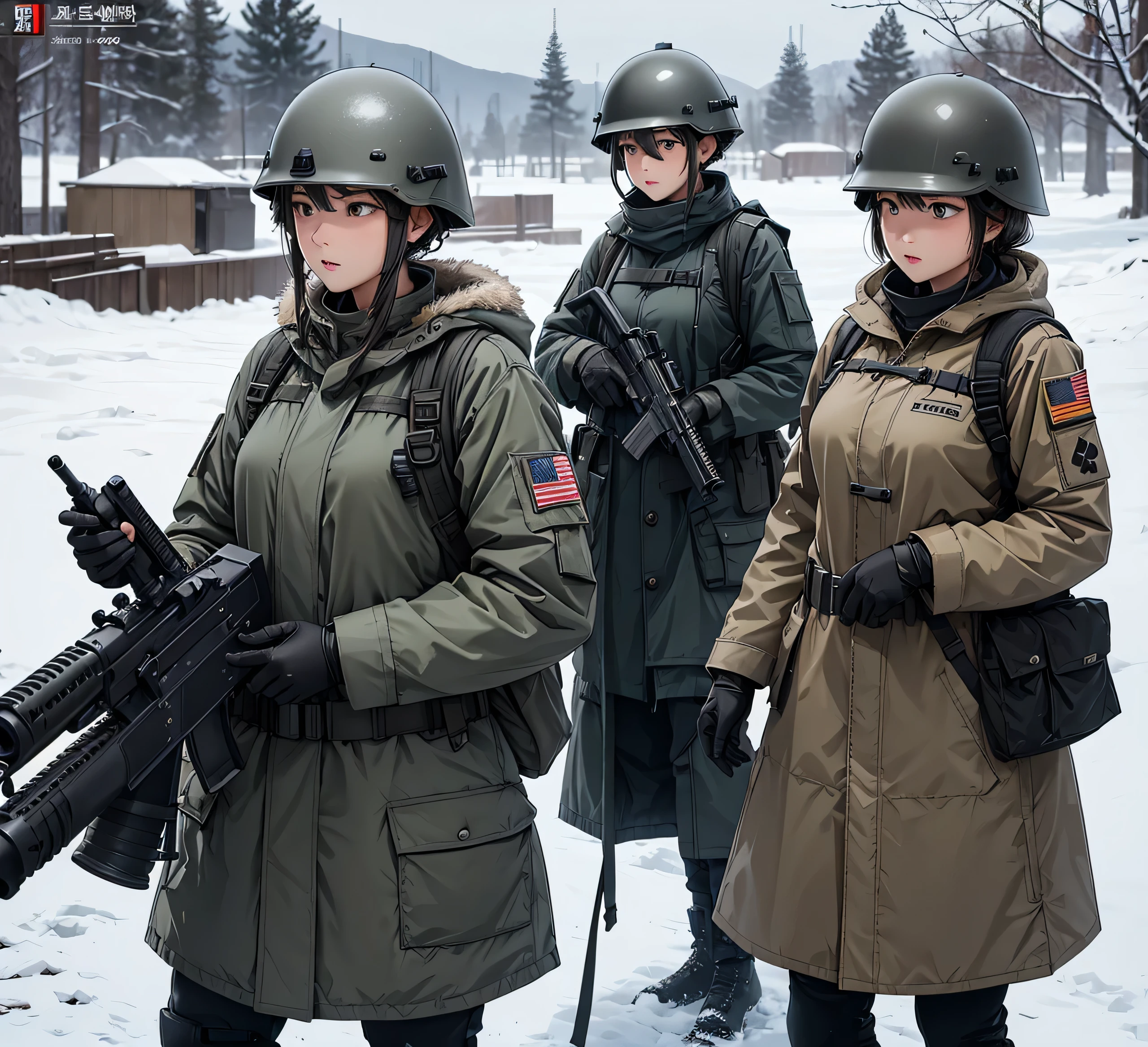 A group of female soldiers wearing gray M-51 heavy coats、Wear a steel helmet、Magazine Pouch、Tactical Shoulder Strap、Standing guard with gun、A snowy military camp、masterpiece、best quality、Highly detailed CG、8K picture quality