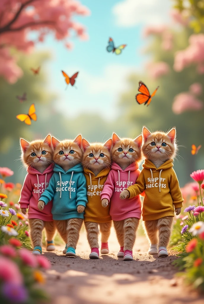 I want a picture of cats dressed in fashionable clothes with the word 'super success' on their clothing. The image should be cute and have a family-friendly setting. 
