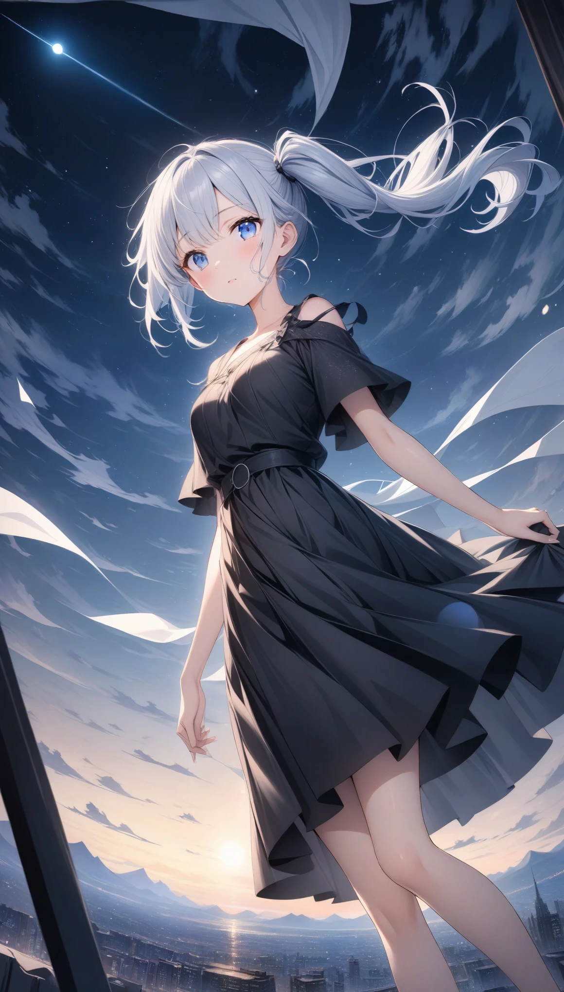 ((style:Colored pencil,pale colour)),(anime)、(masterpiece:1.2),Atmospheric perspective,Lens flare、Night Country、cute、Hair blowing in the wind、((A simple black dress))、Starry night sky、Moonlight pours down from above、Very mysterious、Light effects、、Gray and white gradient hair color、Side Ponytail、blue eyes、((A work that visualizes the wind))、Appearing from the sky