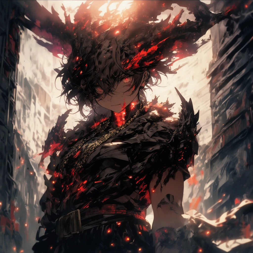 (dark shot: 1.1), epic anime, 1male, height is acnologia human form from fairy tail, long spikey black-red hair, built muscular, dargon eyes are dark crimson, dons a high collared, black cloak (which also bears my blood red draconian markings), body bears the same blood red marking, sharp red claws around the neck, a sash around the waist, a gold arm ring tightened around the right upper arm, and baggy pants, acnologia from fairy tail, black and red color scheme, grunge aesthetics!!! graffiti tag wall background, art by Greg Rutkowski and artgerm, soft cinematic light, Adobe Lightroom, darkroom, HDR, intricate, highly detailed, (depth of field: 1.4), faded, (neutral colors:1.2), (hdr: 1.4), (muted colors: 1.2), hyper-detail (artstation: 1.4), cinematic, warm light, dramatic light (complex details: 1.1)