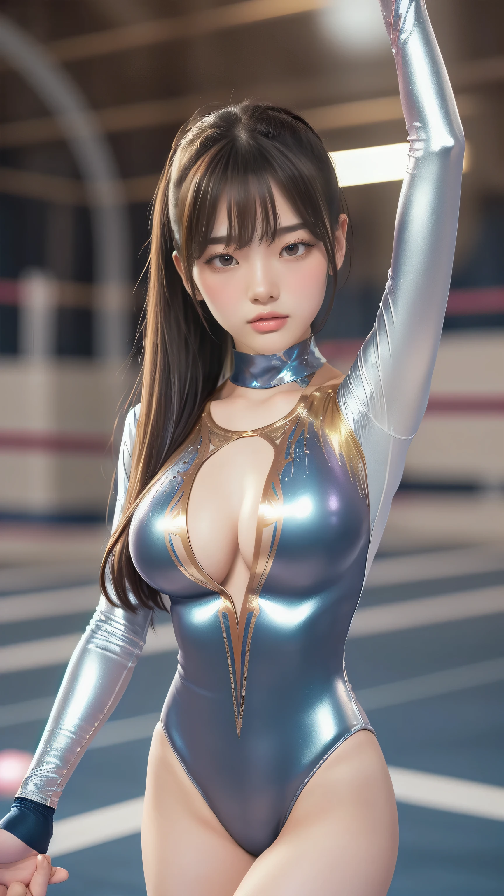 ((indoor, 新Gymnastics Venue, Gymnastics Venue:1.3)), Vibrance, Natural colors, (Highly detailed skin, Beautiful realistic face, White skin, Pointed Chest, Small nipples, Perfect Anatomy, Realistic eyes, Natural Eyes, Brown eyes, Accurate eye focus, Accurate limbs), (Hyper Realist, ultra-realistic, 4K, Attention to detail, Ultra-high resolution, Highest quality, masterpiece, Presence, dynamic, Uplifting, bold, Sharpness), (Thinning hair:2, Soft Hair:2, Straight hair:1.5, Long, slicked bangs, Light copper amber hair, Hair on one eye, Twin tail hair), (Female gymnast, Detailed costume, She wore a tight-fitting long-sleeved leotard.:1.5), Shiny long sleeve leotard, Metallic colors long sleeve leotard, Racing long sleeve leotard, ((High leg long sleeve leotard, Long-sleeved leotard with Swarovski embellishments)), ({Metallic red color| Metallic purple color| Metallic white color| Metallic navy color| Metallic pink color| Metallic gold color| Metallic silver color| Metallic black color| Metallic colors}Long sleeve leotard colors), (Big Breasts:1.5), Tall, Elongated arms and legs, Small waist, Small hips, The long-sleeved leotard is digging into her butt, With legs spread, barefoot, Showing the whole body, looking at the camera, Looking into the camera, smile, Standing woman, (Underhair does not grow),