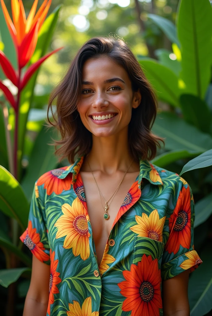 An enticing 38 year old Brazilian woman in a lush tropical garden, wearing an open shirt with a floral print, with a close-up capturing the harmonious beauty between her breasts and the natural flowers, showing off your natural charm and outgoing personality.