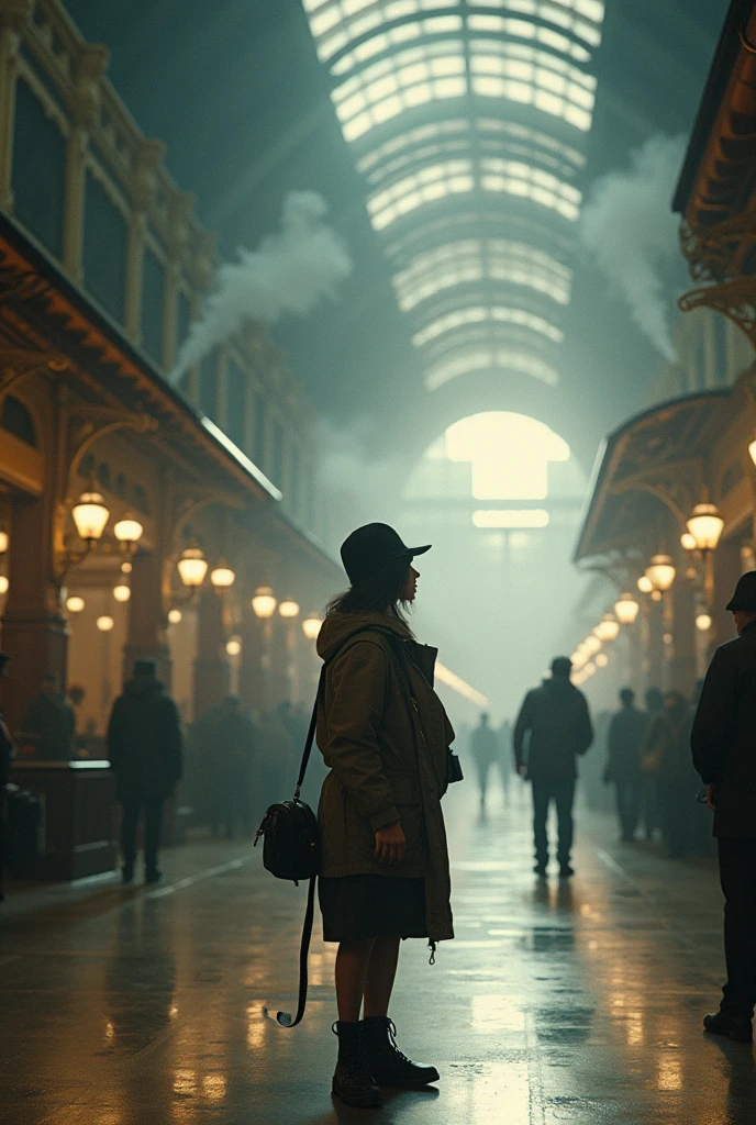 1 girl, aviator hat , standing alone, vapour punk, train station, , vapour, smoke, work of art, highy detailed,HDR,8K resolution, best qualityer,