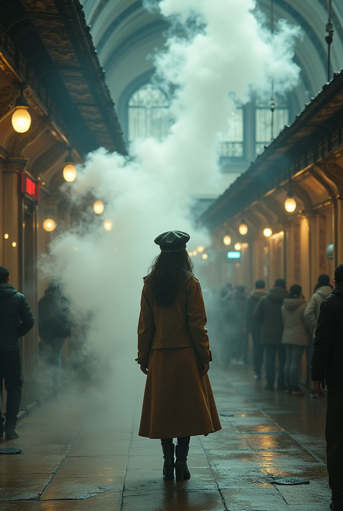 1 girl,  aviator hat ,   standing alone,   vapour punk, train station,  , vapour, smoke, work of art, highy detailed,HDR,8K resolution, best qualityer,