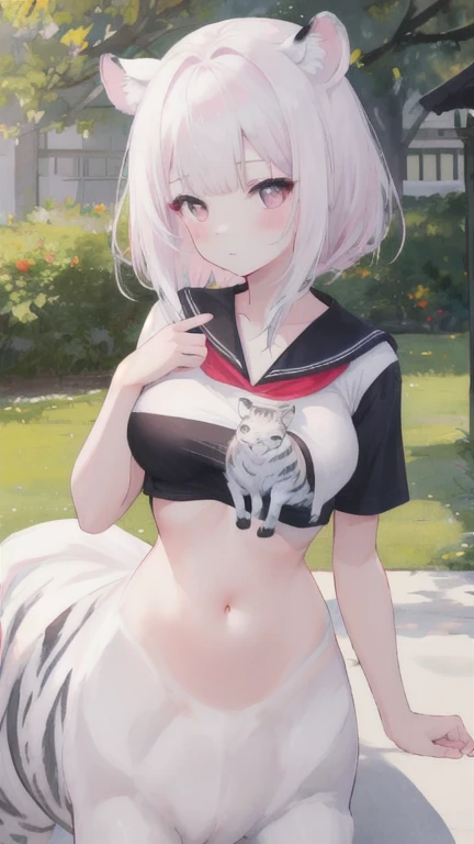 (best quality, masterpiece), 1 girl, centaur, I beg, White skin, Korean schoolgirl,daughter,black pink, exposing the abdomen, belly button t-shirt , beautiful girl perfect, White tiger photo, 완벽한 White tiger photo