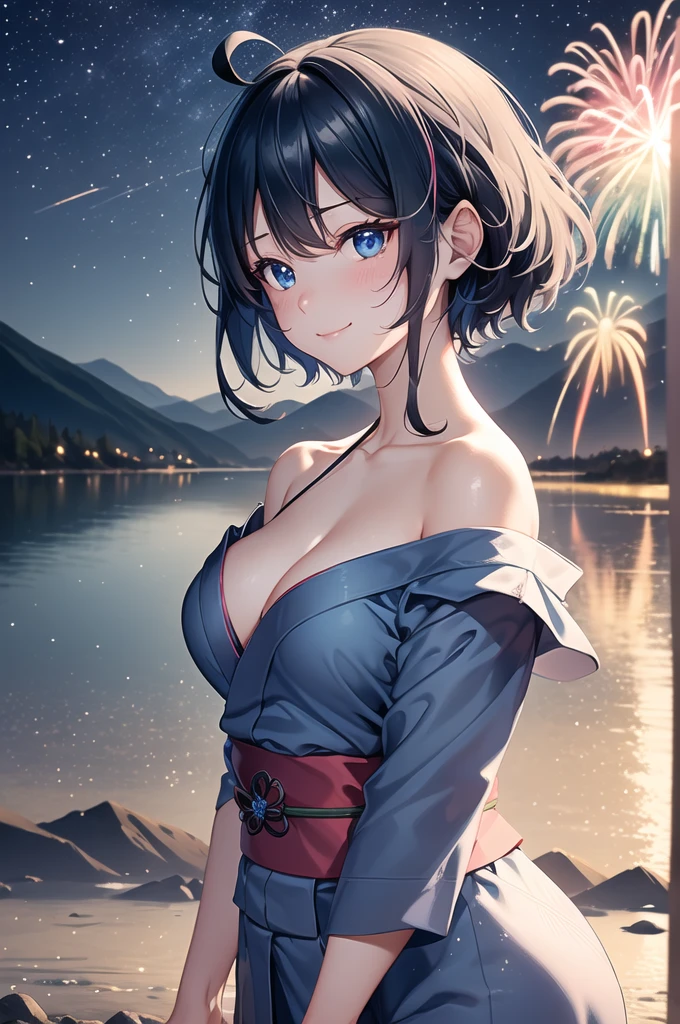 masterpiece, best quality, ultra detailed, highres, extremely detailed CG unity 8k wallpaper, perfect lighting,  very detailed background, beautiful and aesthetic,sharp focus, perfect face, dynamic pose, dynamic angle,
1girl, upper body, (portrait:1.1), multicolored yukata, kanzashi, looking at viewer,  full-face blush, from side, from below, smile,
night, dark sky, misty lake, mountainous horizon, break,aerial fireworks,  (Full of sky fireworks:1.2),
Shoulder Bare、Off the shoulder
short hair,anna yanami、白い肌、yanami anna, medium hair, ahoge, middium breasts,light blue hair,blue eyes