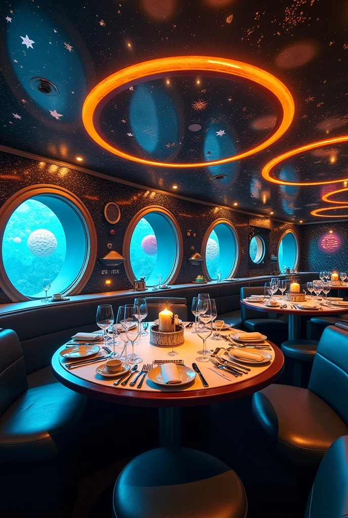 A restaurant where the tables are rocket cabin and the walls have stars and planets